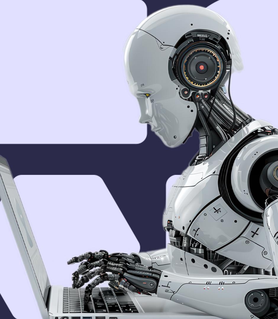 A humanoid robot types on a laptop with a focused expression.