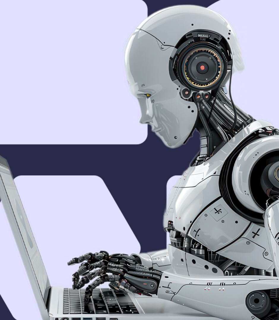 A humanoid robot types on a laptop with a focused expression.