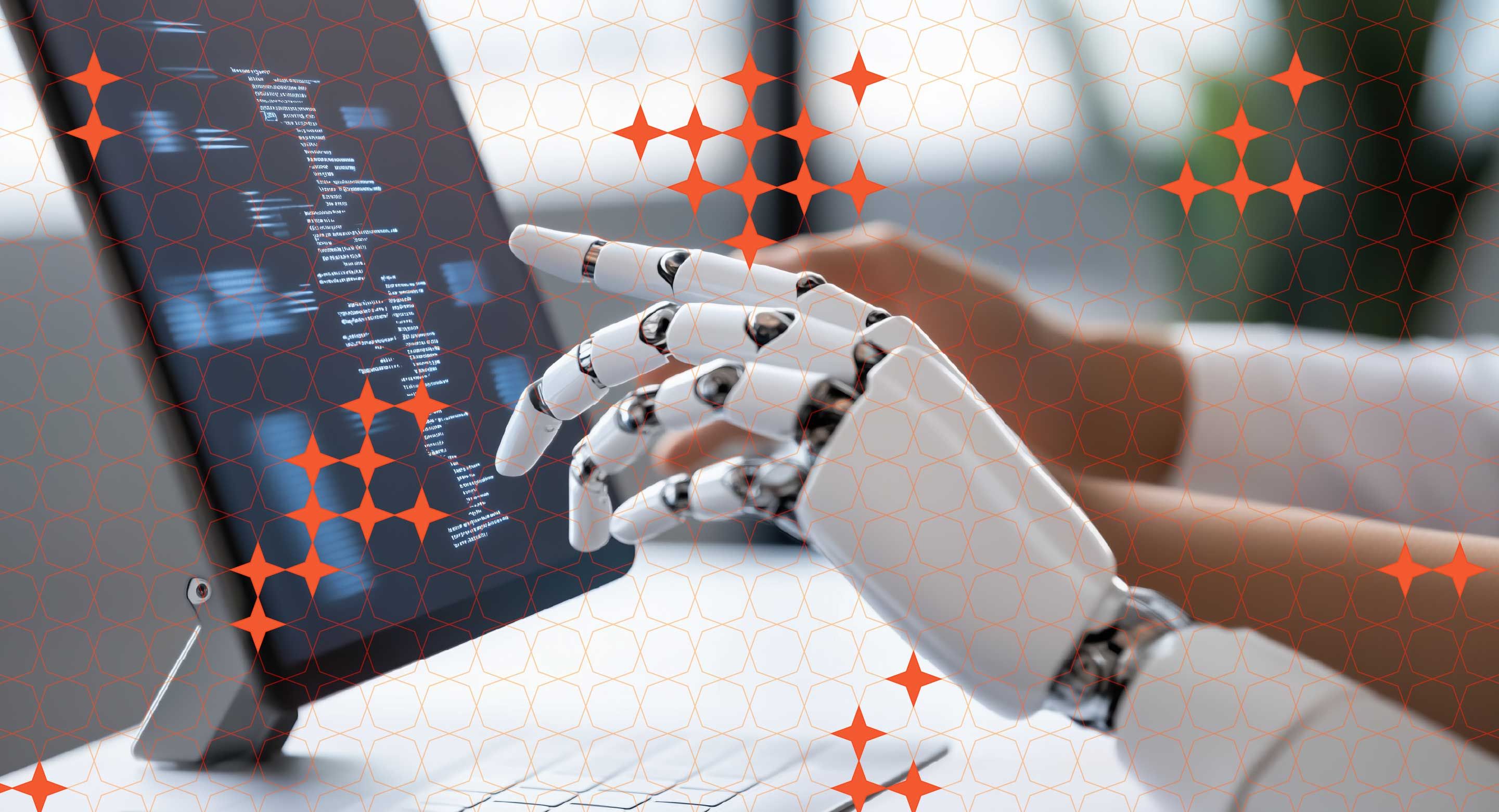 A robotic hand interacts with a computer displaying code, with an orange star pattern overlay.