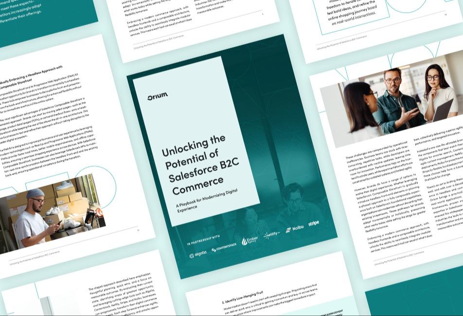 Una imagen collage de las páginas del manual de Orium "Desbloqueando el potencial de Salesforce B2C Commerce"