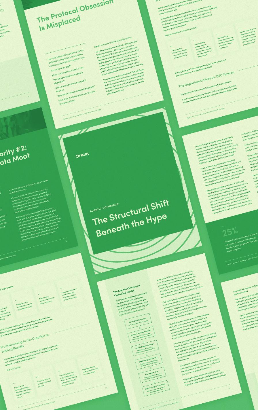 Un collage de páginas del informe de Comercio Agéntico