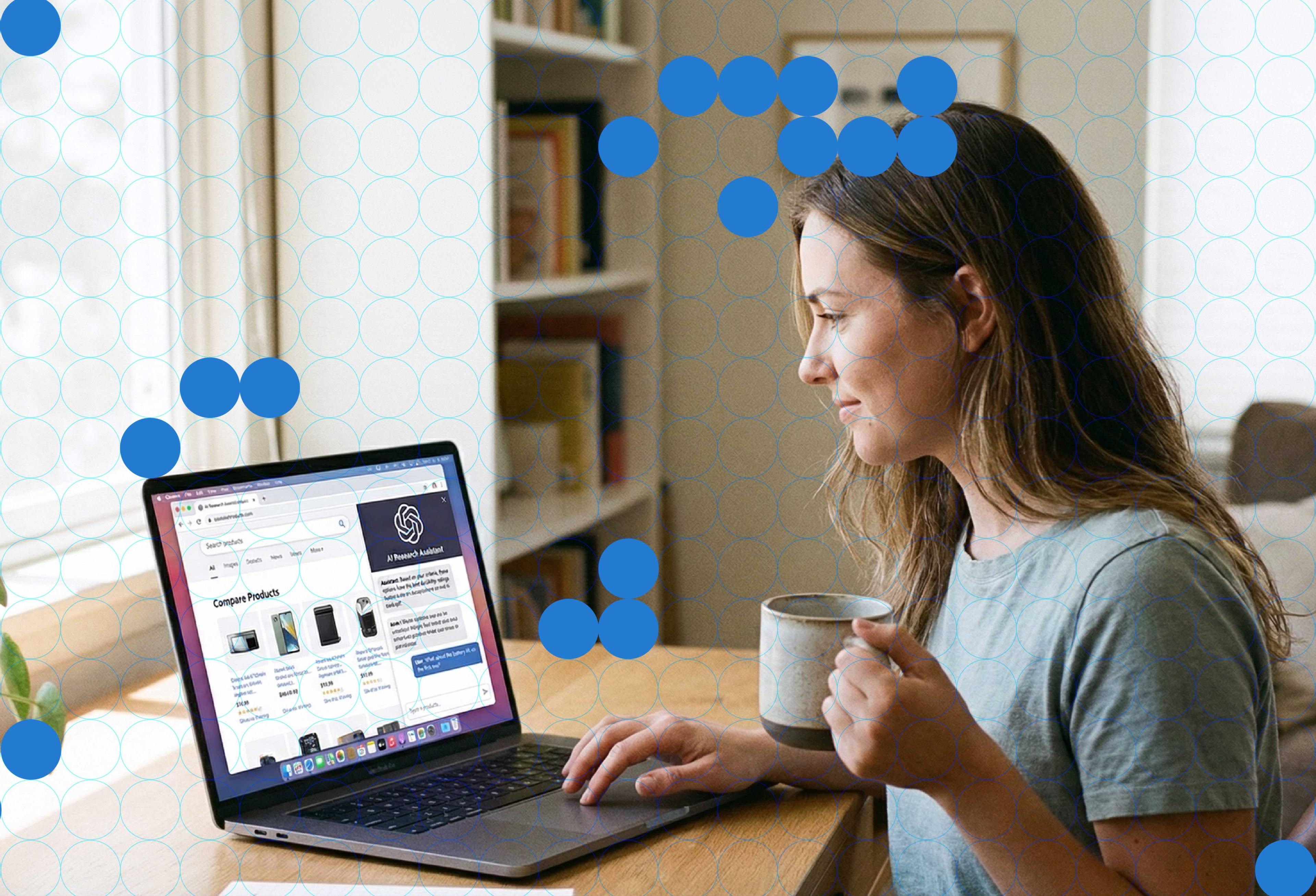 A woman sits at a laptop scrolling on a website product listing page while holding a mug.