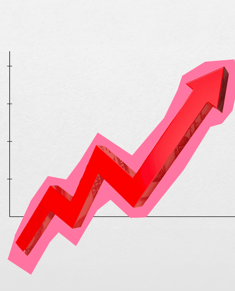 A large red arrow pointing upwards on a graph.