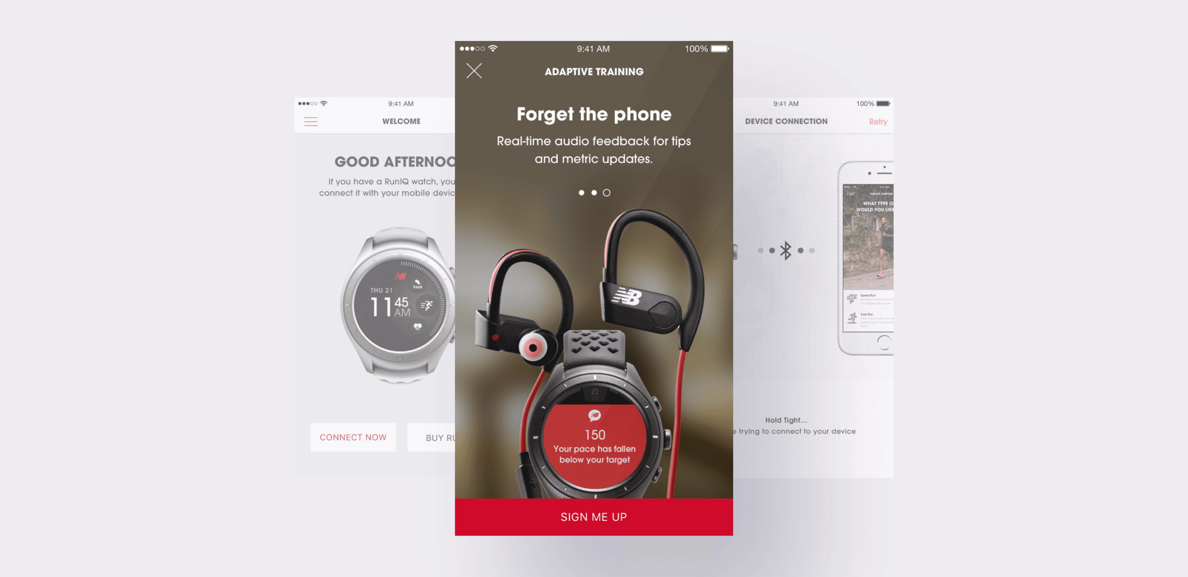 Screenshot of the New Balance app with a watch and earbuds on a sign-up screen.