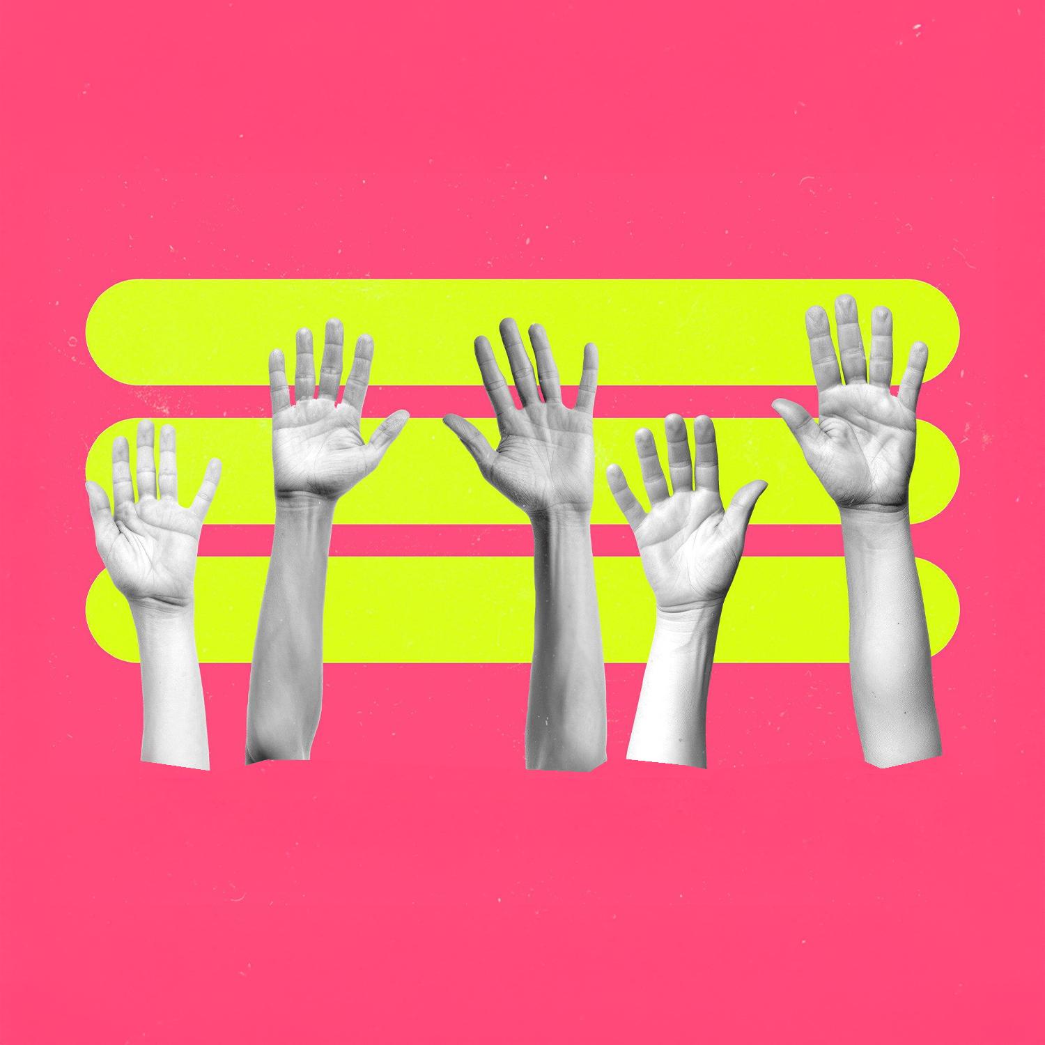 Five raised hands in grayscale stand out against a bright pink and yellow abstract background.