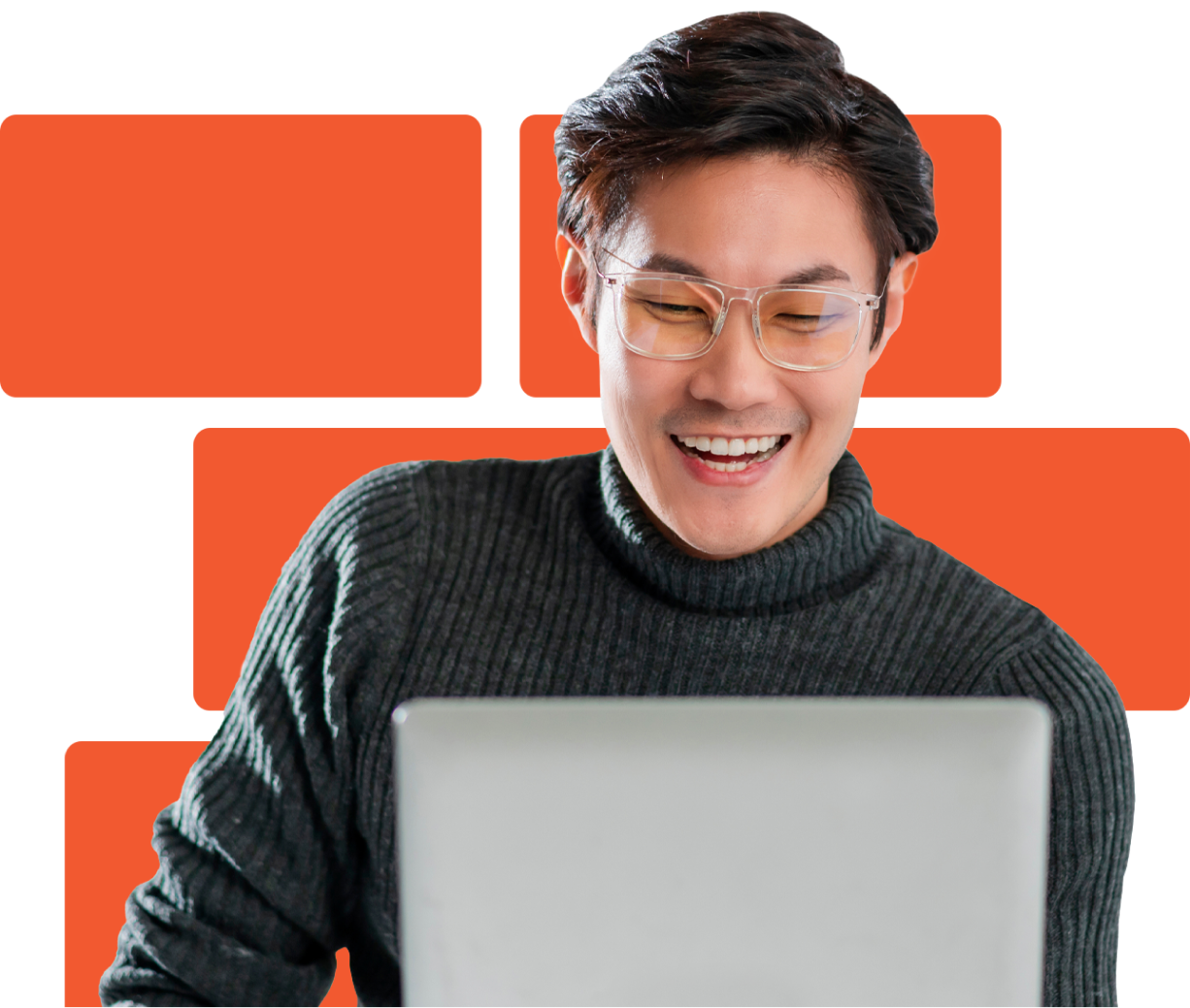 A man wearing a turtleneck and glasses is looking at a POS display.