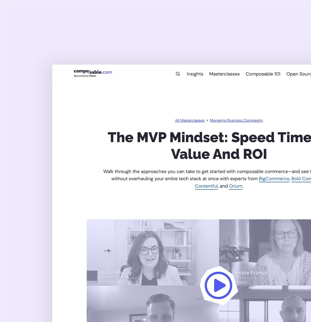 A screenshot of "The MVP Mindset: Speed Time Value and ROI" masterclass on Composable.com.