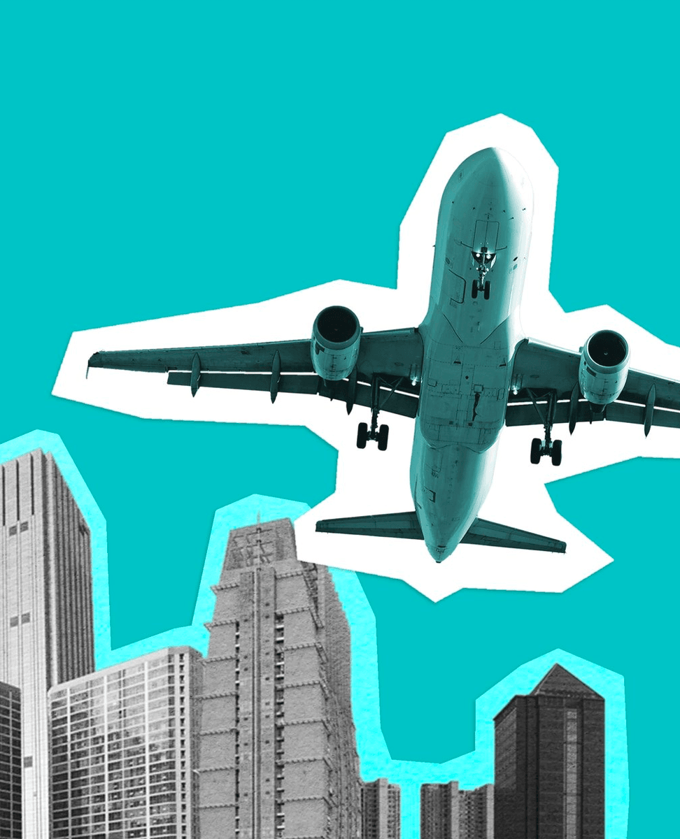 A cut-out image of a city skyline with a cut-out of an airplane overhead.