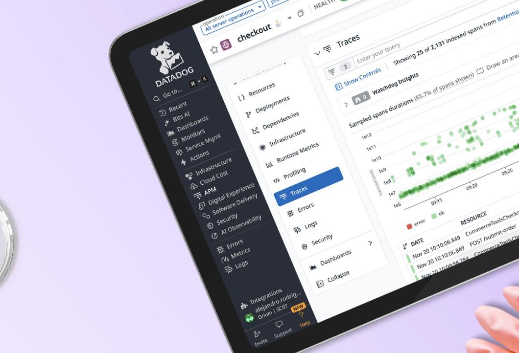 Tablet showing the Datadog APM Traces dashboard for a "checkout" service, surrounded by lab props on a lavender background.