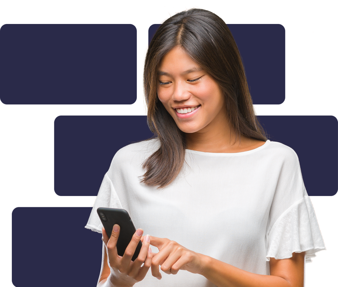 A woman wearing a white shirt is holding a cell phone in one hand and using the other to touch the screen. The background behind her is dark purple rectangles on a lighter purple.